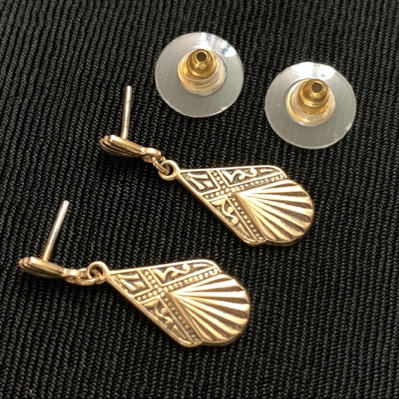 Vintage Spanish Damascene Black & Gold Tone Dangle Post Earrings - Picture 3 of 6